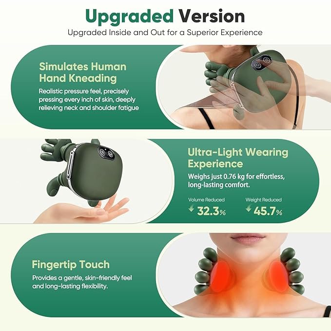 Ultimate Relief: Heated Human-Touch Deep-Kneading Neck MassagerRechargeable Neck and Shoulder Massager with Heat - 4D Bionic Kneading Massage Pillow for Cervical Pain Relief - Cordless Deep Tissue