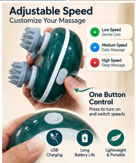 Massager with 4 Mas/sage Heads, Speed, Soft Silicone Bristles, USB Rechargeable Scalp Cleaner & Hair Care Mas-sager for Men & Women