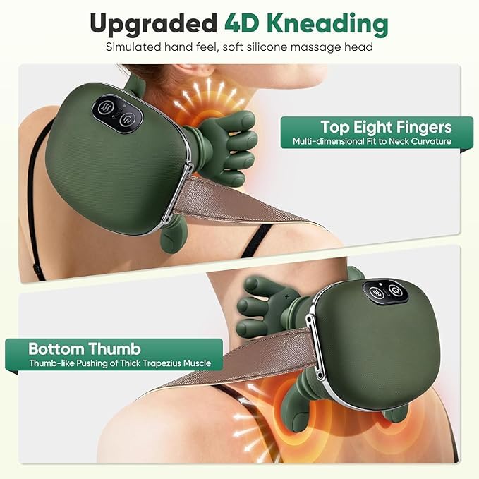 Ultimate Relief: Heated Human-Touch Deep-Kneading Neck MassagerRechargeable Neck and Shoulder Massager with Heat - 4D Bionic Kneading Massage Pillow for Cervical Pain Relief - Cordless Deep Tissue
