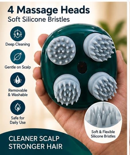 Massager with 4 Mas/sage Heads, Speed, Soft Silicone Bristles, USB Rechargeable Scalp Cleaner & Hair Care Mas-sager for Men & Women