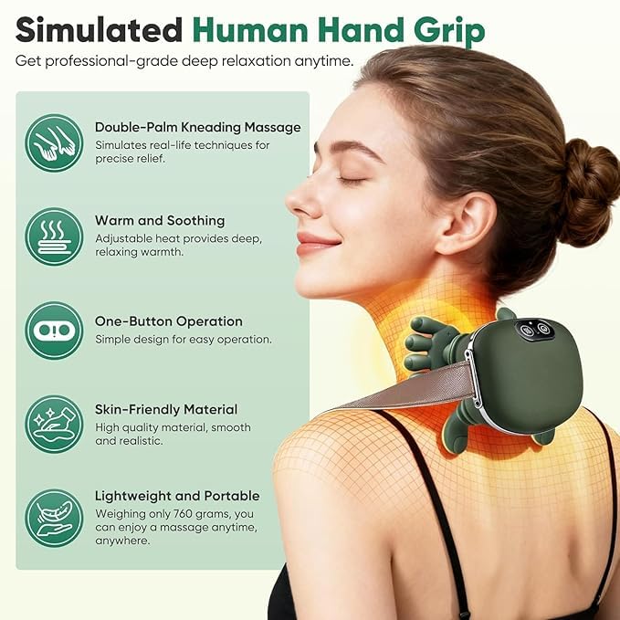 Ultimate Relief: Heated Human-Touch Deep-Kneading Neck MassagerRechargeable Neck and Shoulder Massager with Heat - 4D Bionic Kneading Massage Pillow for Cervical Pain Relief - Cordless Deep Tissue