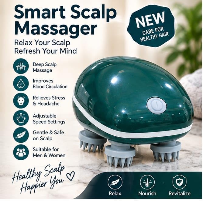 Massager with 4 Mas/sage Heads, Speed, Soft Silicone Bristles, USB Rechargeable Scalp Cleaner & Hair Care Mas-sager for Men & Women